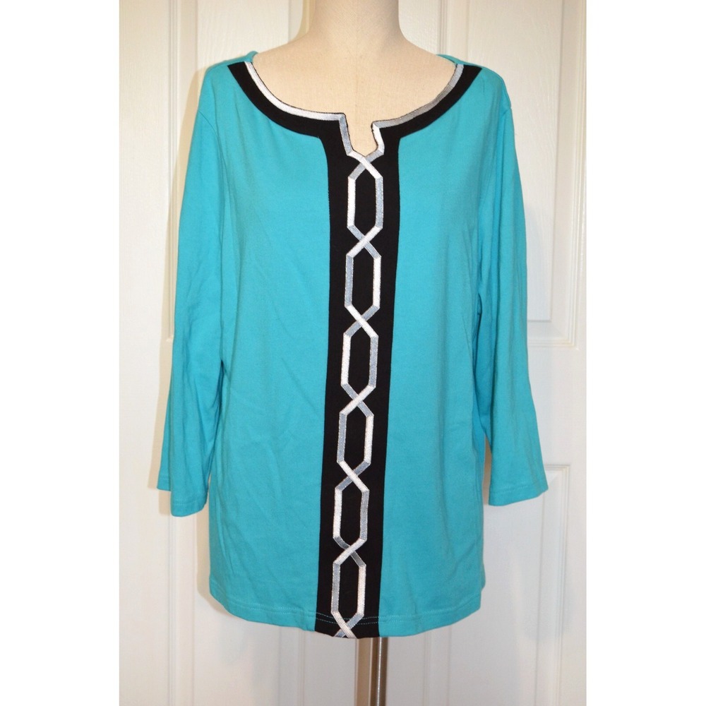 Bob Mackie Wearable Art Women's XL Tunic Shirt Turquoise & Black & Embroidery